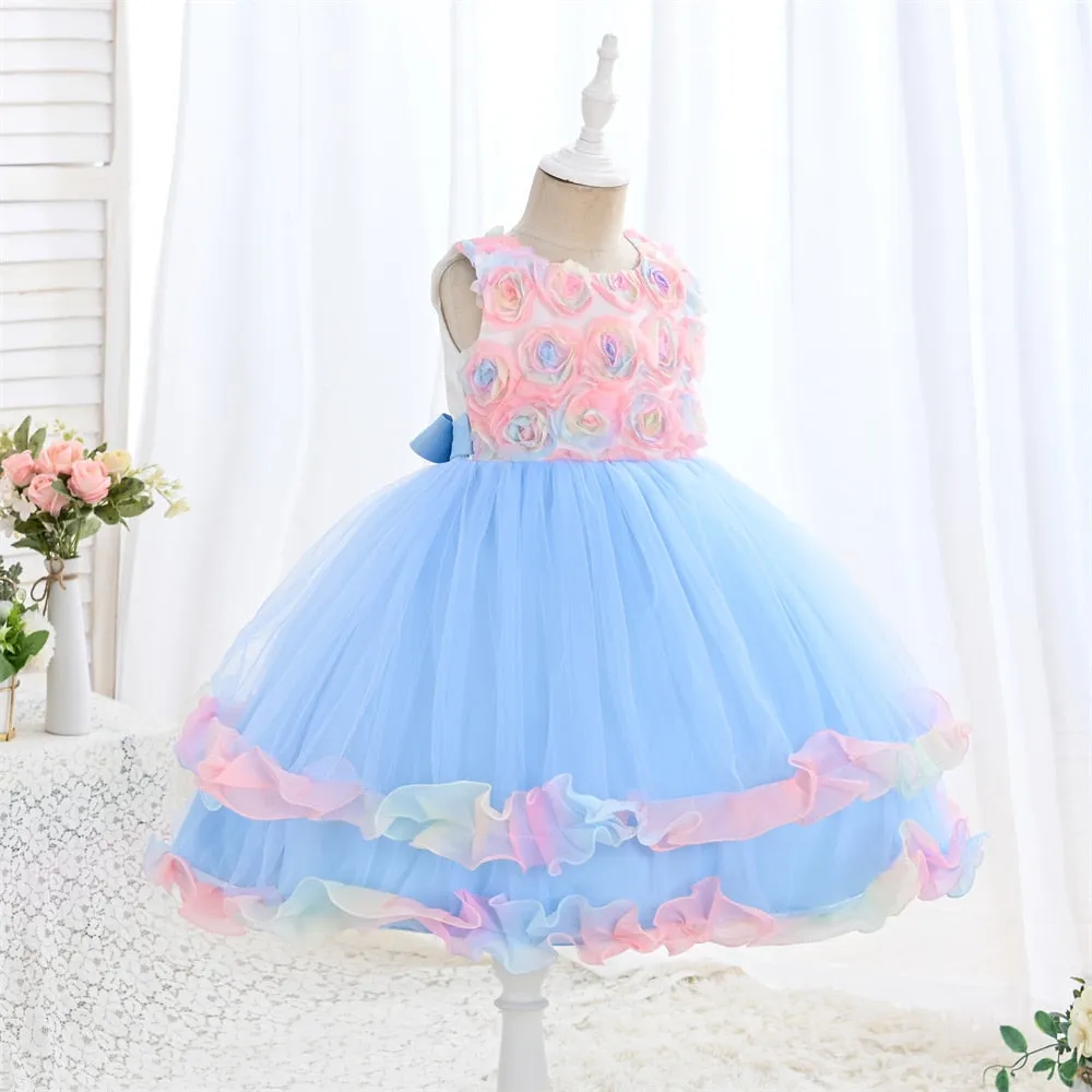 WG001 European Popular Children's Rainbow Rose Cake Tutu Skirt Festival Party Princess Evening Dress Wedding Mesh Flower Girl Dress