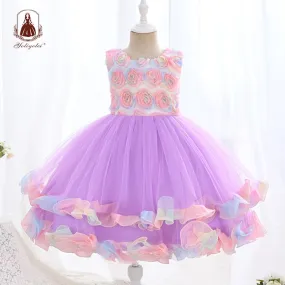 WG001 European Popular Children's Rainbow Rose Cake Tutu Skirt Festival Party Princess Evening Dress Wedding Mesh Flower Girl Dress